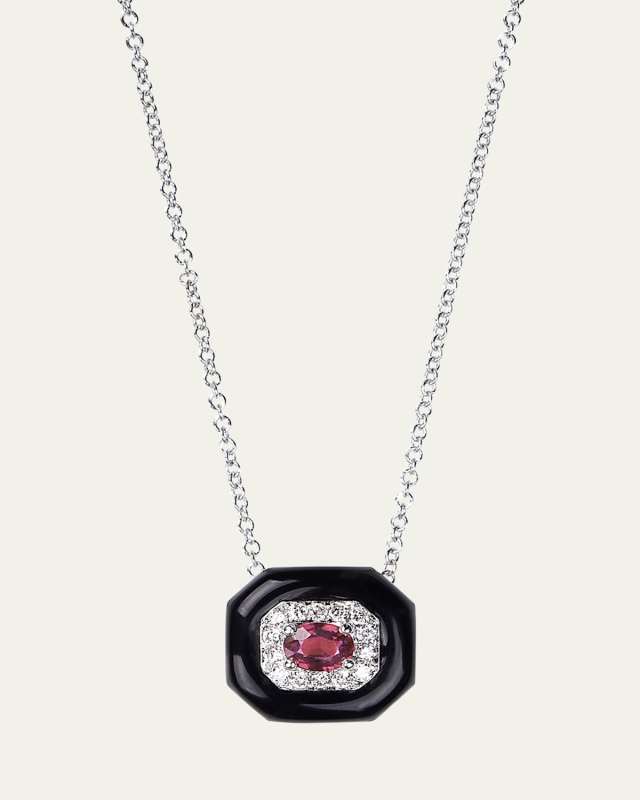 Oui 18K White Gold Ruby Pendant Necklace with White Diamonds and Black Enamel